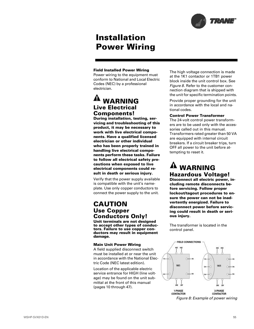 Trane GEV, GEH manual Installation Power Wiring, Field Installed Power Wiring, Control Power Transformer 