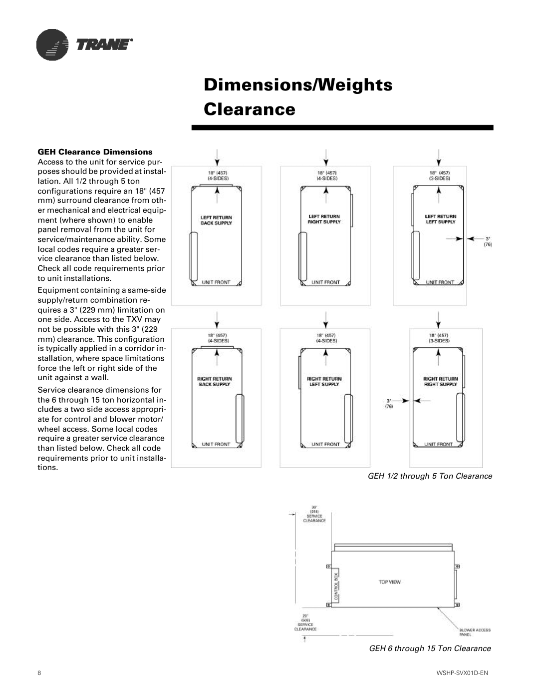 Trane GEH, GEV manual Dimensions/Weights Clearance 