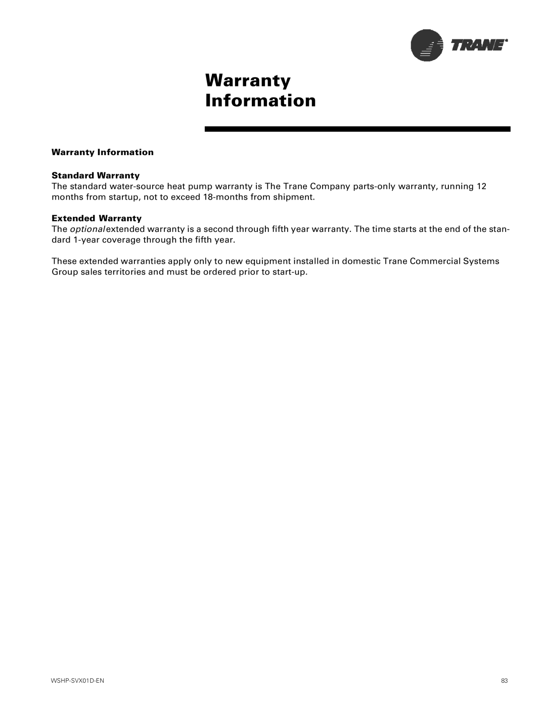 Trane GEV, GEH manual Warranty Information Standard Warranty 