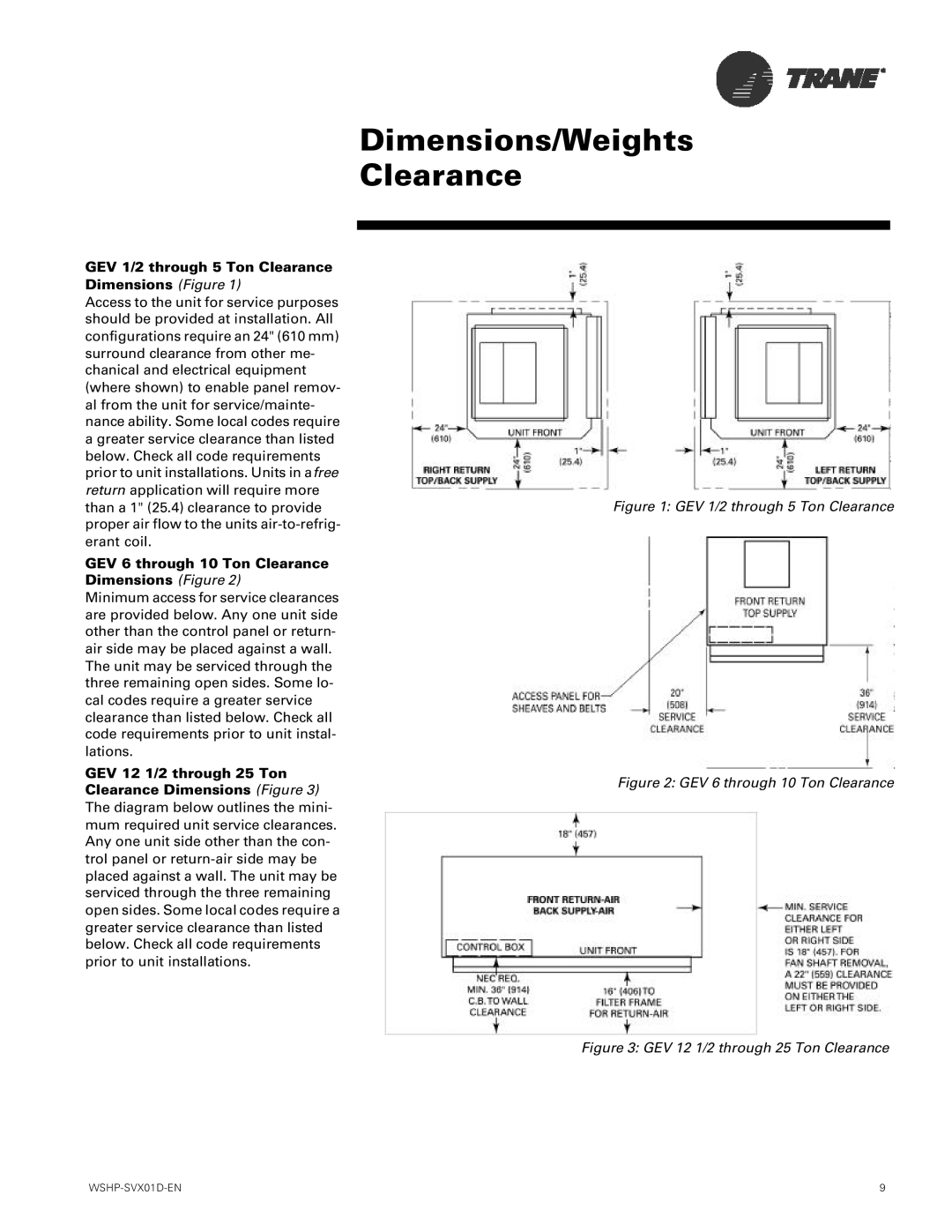 Trane GEH manual GEV 1/2 through 5 Ton Clearance Dimensions Figure, GEV 6 through 10 Ton Clearance Dimensions Figure 