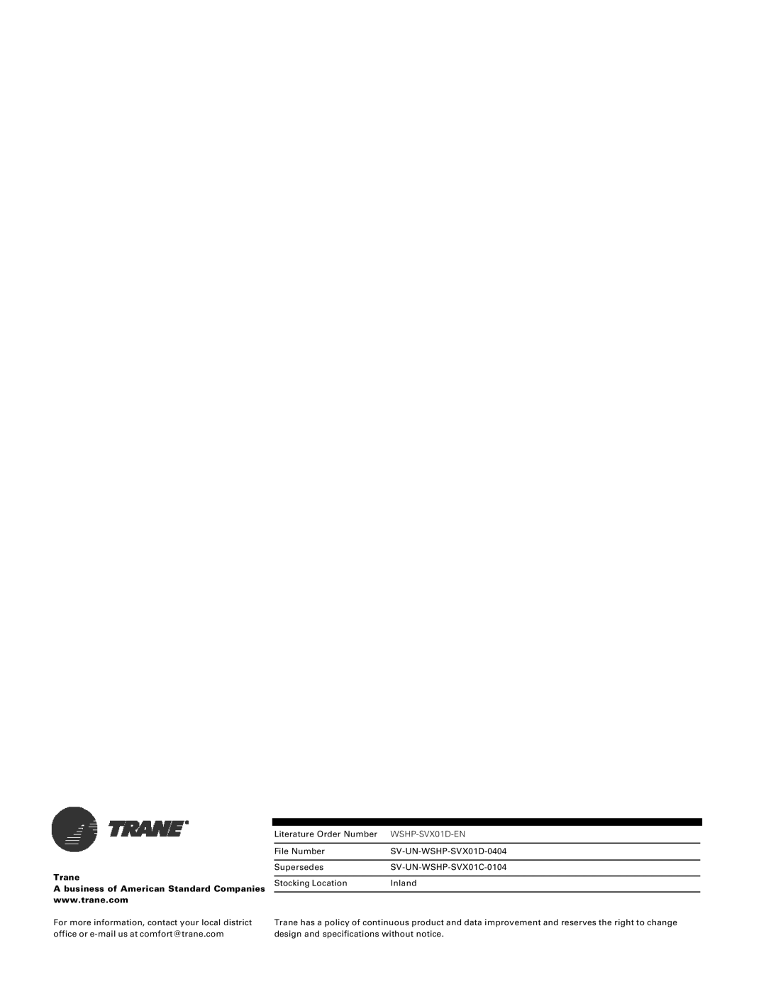 Trane GEH, GEV manual Trane, SV-UN-WSHP-SVX01C-0104 