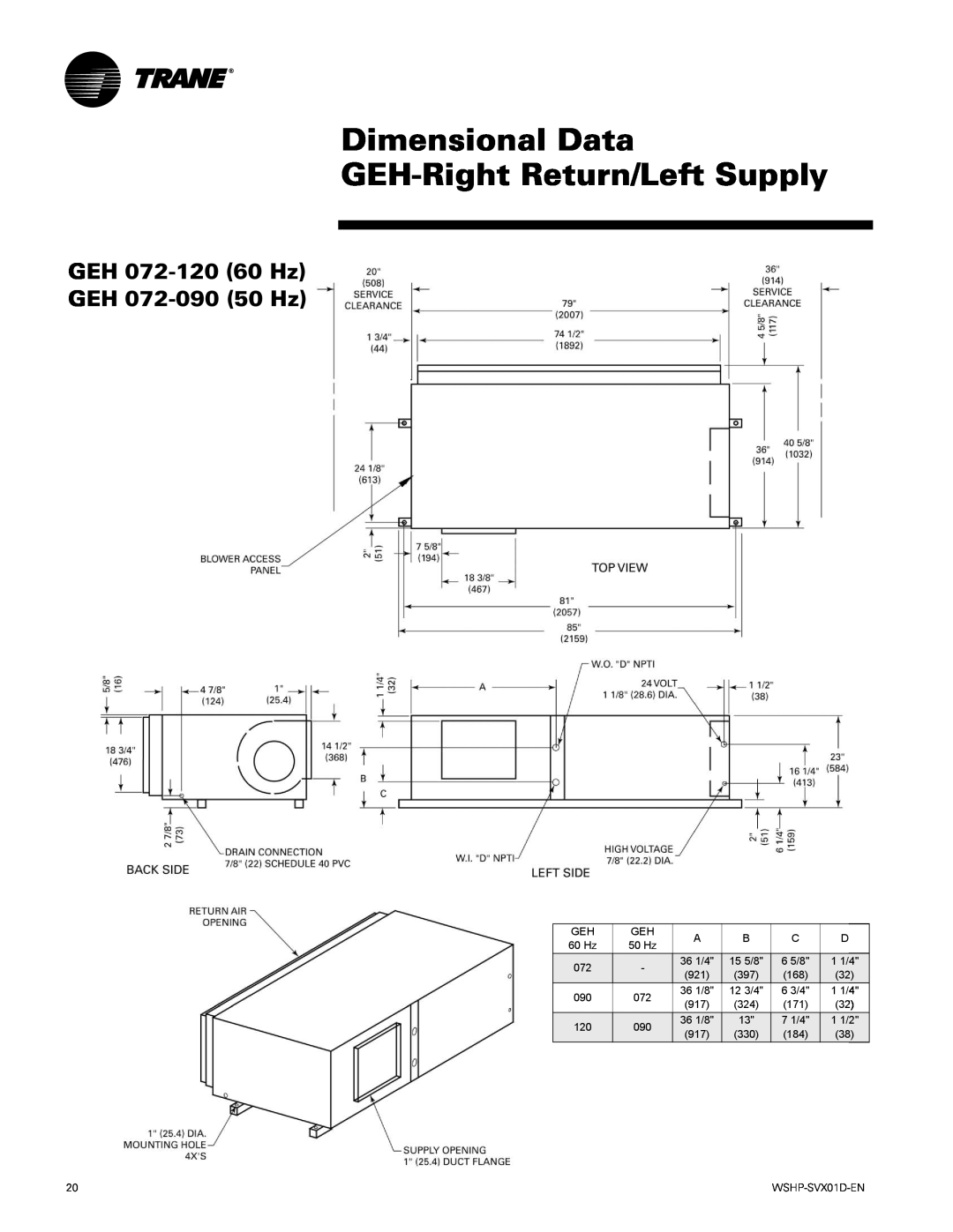 Trane GEV manual Dimensional Data GEH-RightReturn/Left Supply, GEH 072-12060 Hz GEH 072-09050 Hz 