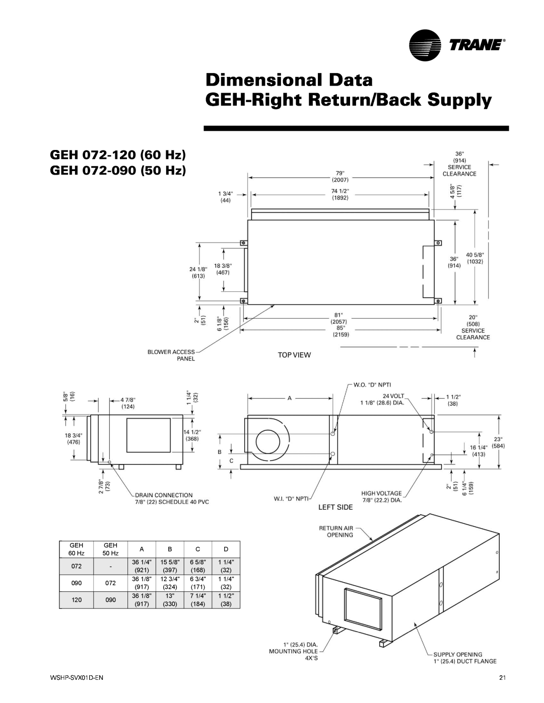 Trane GEV manual Dimensional Data GEH-RightReturn/Back Supply, GEH 072-12060 Hz GEH 072-09050 Hz 