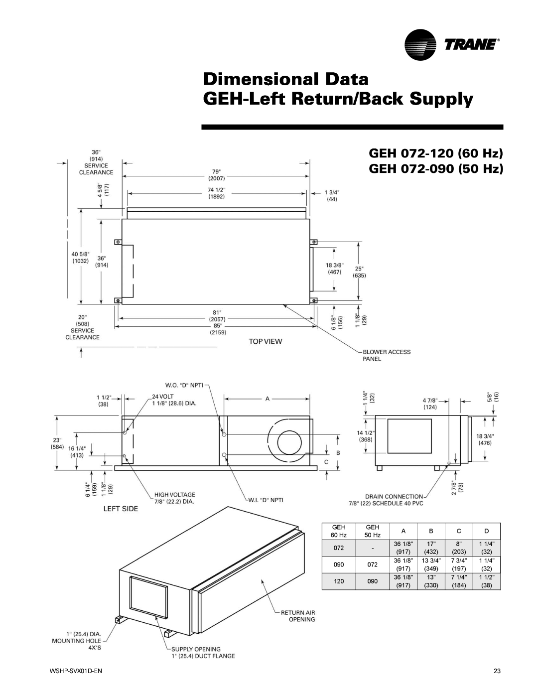 Trane GEV manual Dimensional Data GEH-LeftReturn/Back Supply, GEH 072-12060 Hz GEH 072-09050 Hz 
