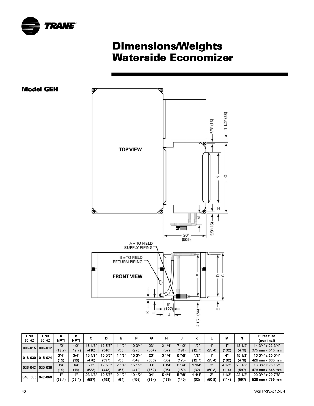 Trane GEV manual Dimensions/Weights Waterside Economizer, Model GEH 