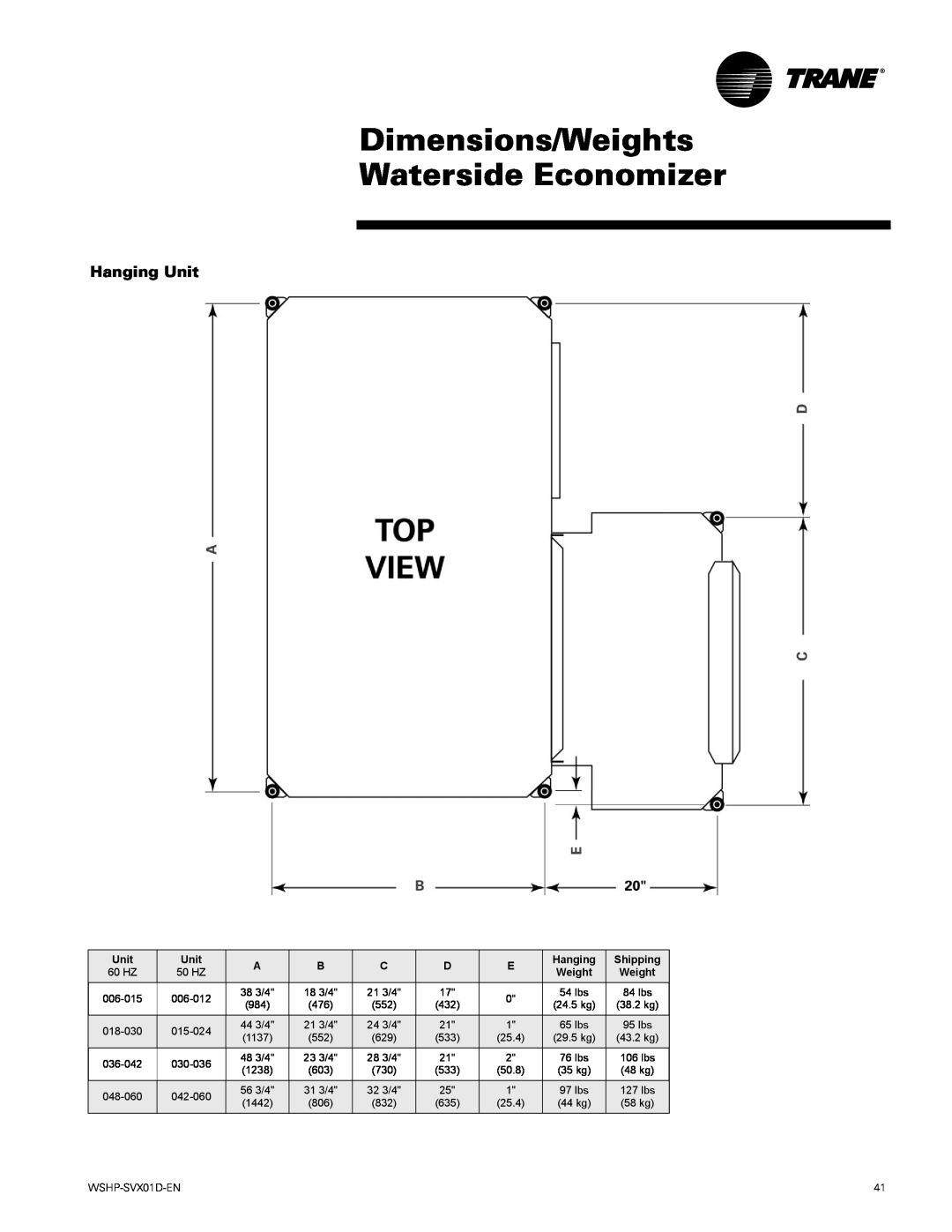 Trane GEV, GEH manual Dimensions/Weights Waterside Economizer, Hanging Unit, Shipping 