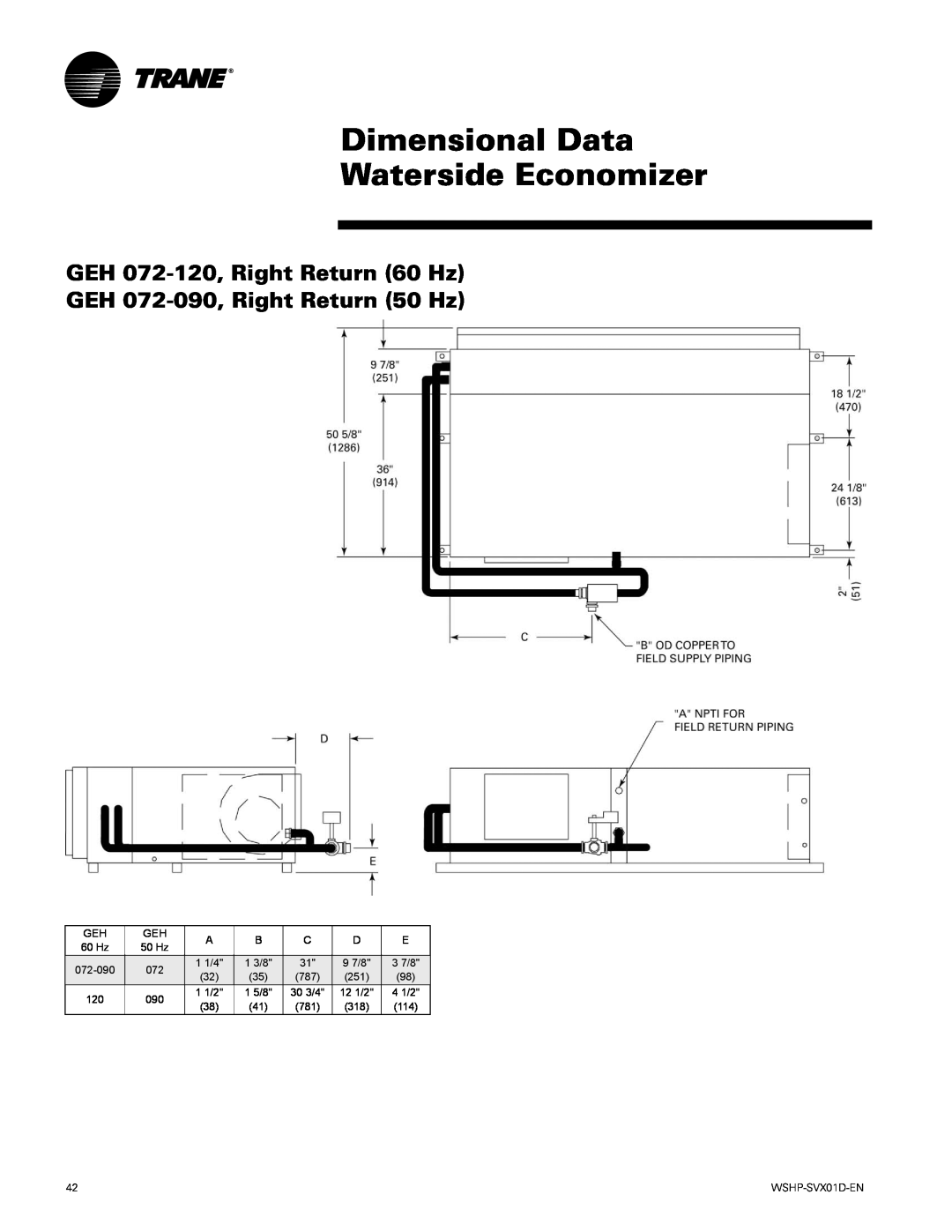 Trane GEV manual Dimensional Data Waterside Economizer, GEH 072-120,Right Return 60 Hz, GEH 072-090,Right Return 50 Hz 
