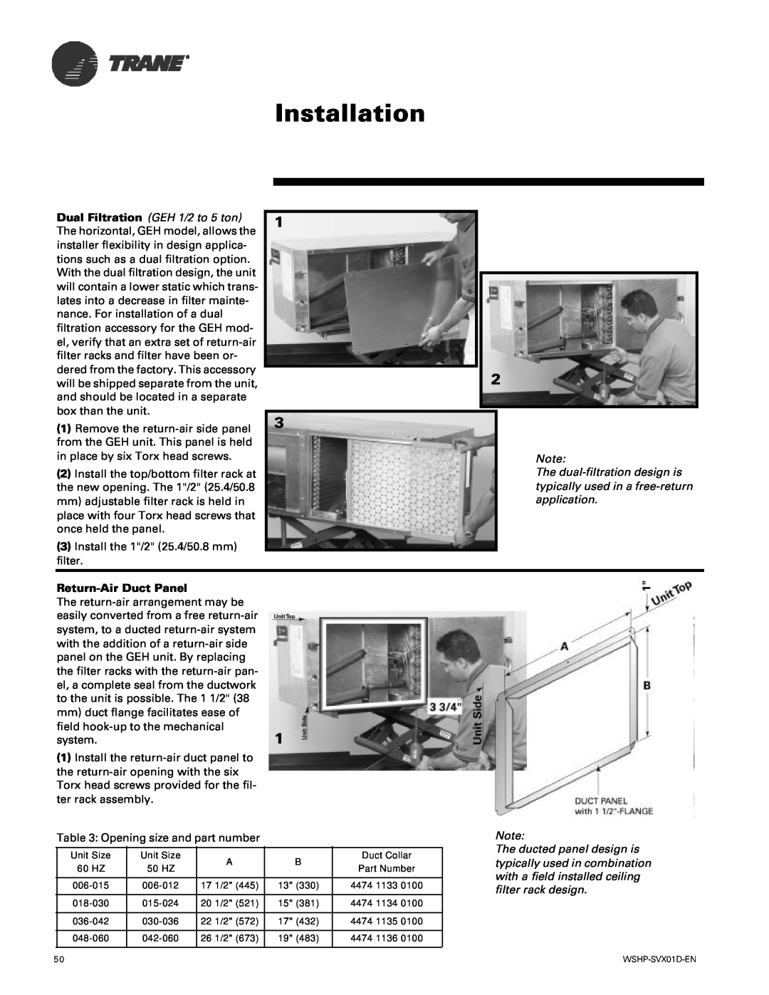 Trane GEH, GEV manual 1 3 1, Installation, Return-AirDuct Panel 