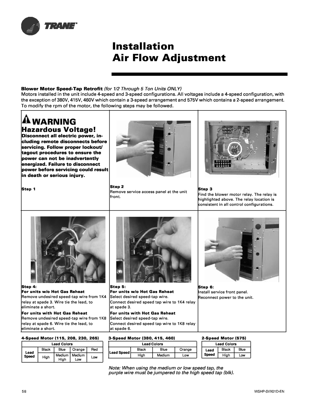 Trane GEH, GEV manual Installation Air Flow Adjustment, Hazardous Voltage 