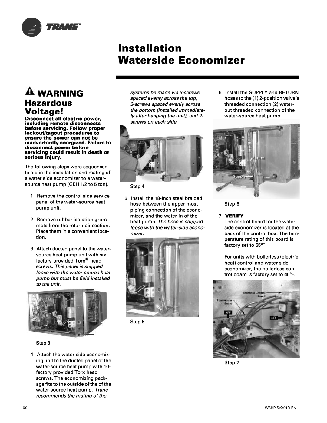 Trane GEH, GEV manual Installation Waterside Economizer, Hazardous Voltage, 7VERIFY 