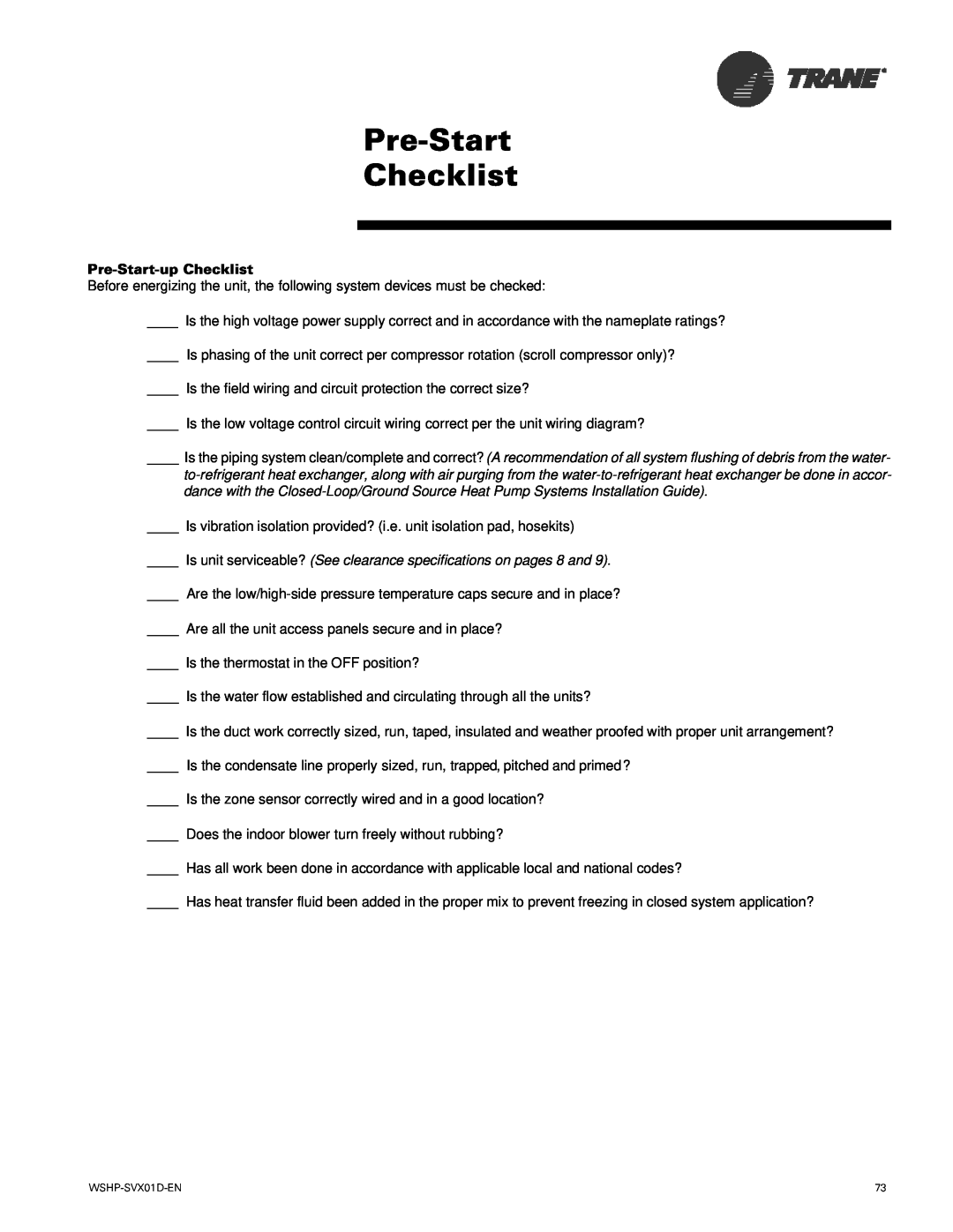 Trane GEV, GEH manual Pre-Start Checklist, Pre-Start-upChecklist 