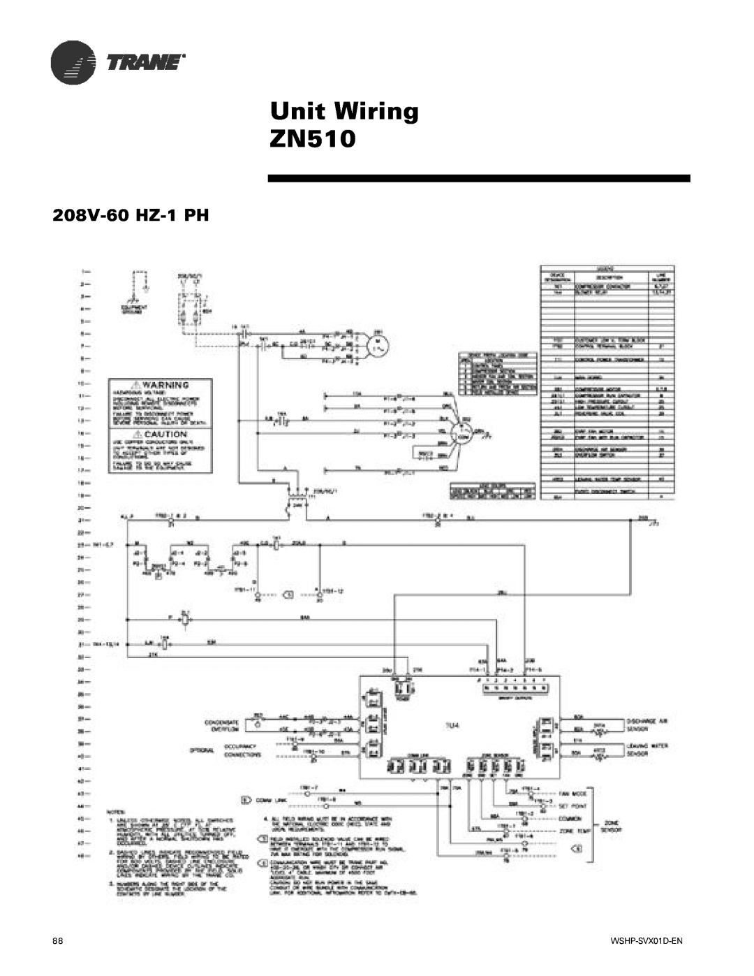 Trane GEH, GEV manual Unit Wiring ZN510, 208V-60 HZ-1PH 