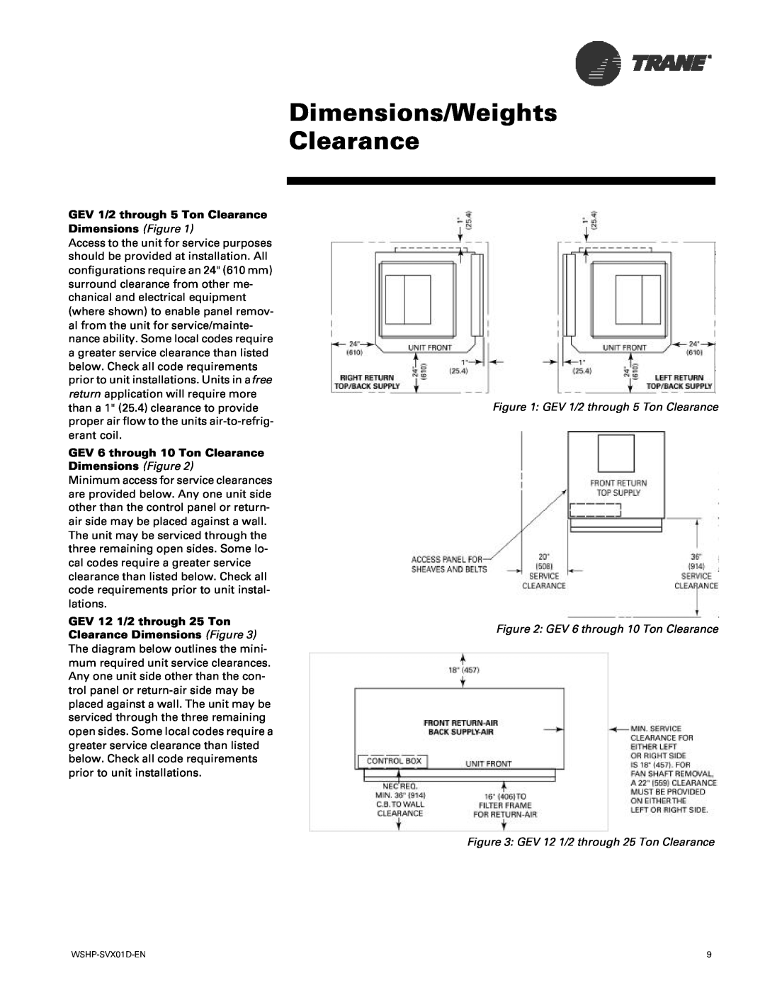 Trane GEH manual Dimensions/Weights Clearance, GEV 1/2 through 5 Ton Clearance Dimensions Figure 