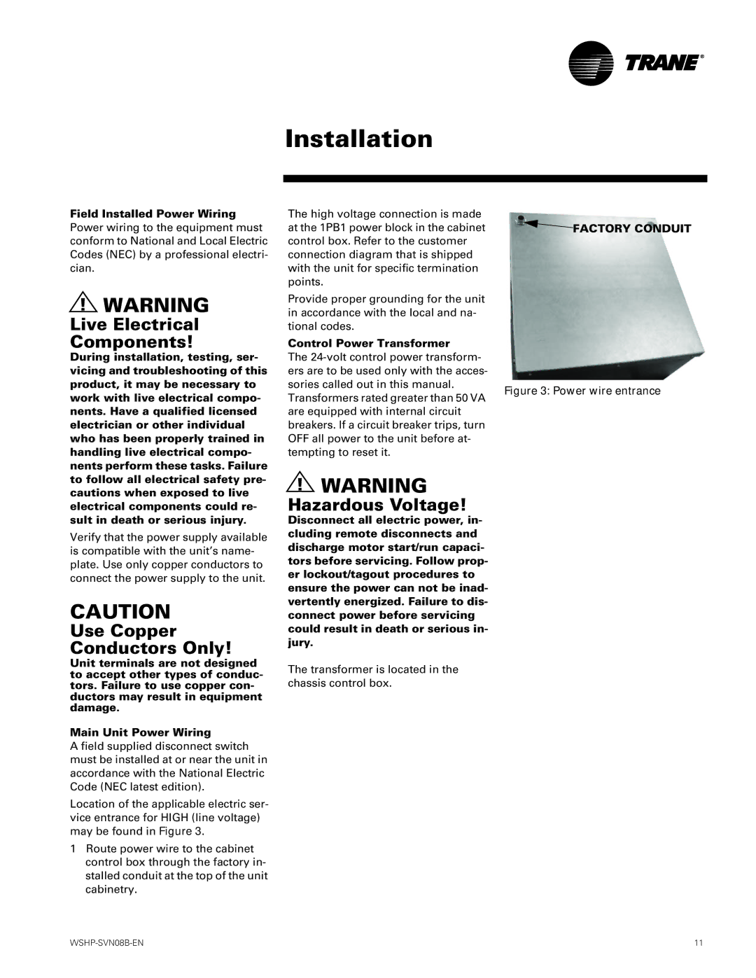 Trane GETB manual Field Installed Power Wiring, Control Power Transformer 