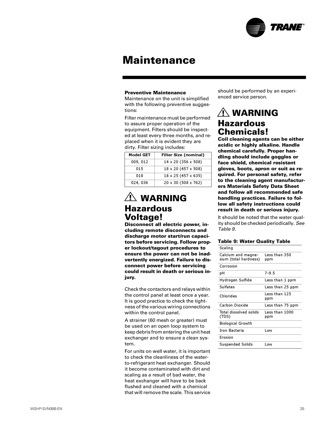 Trane GETB manual Hazardous Voltage, Hazardous Chemicals, Preventive Maintenance, Water Quality Table 