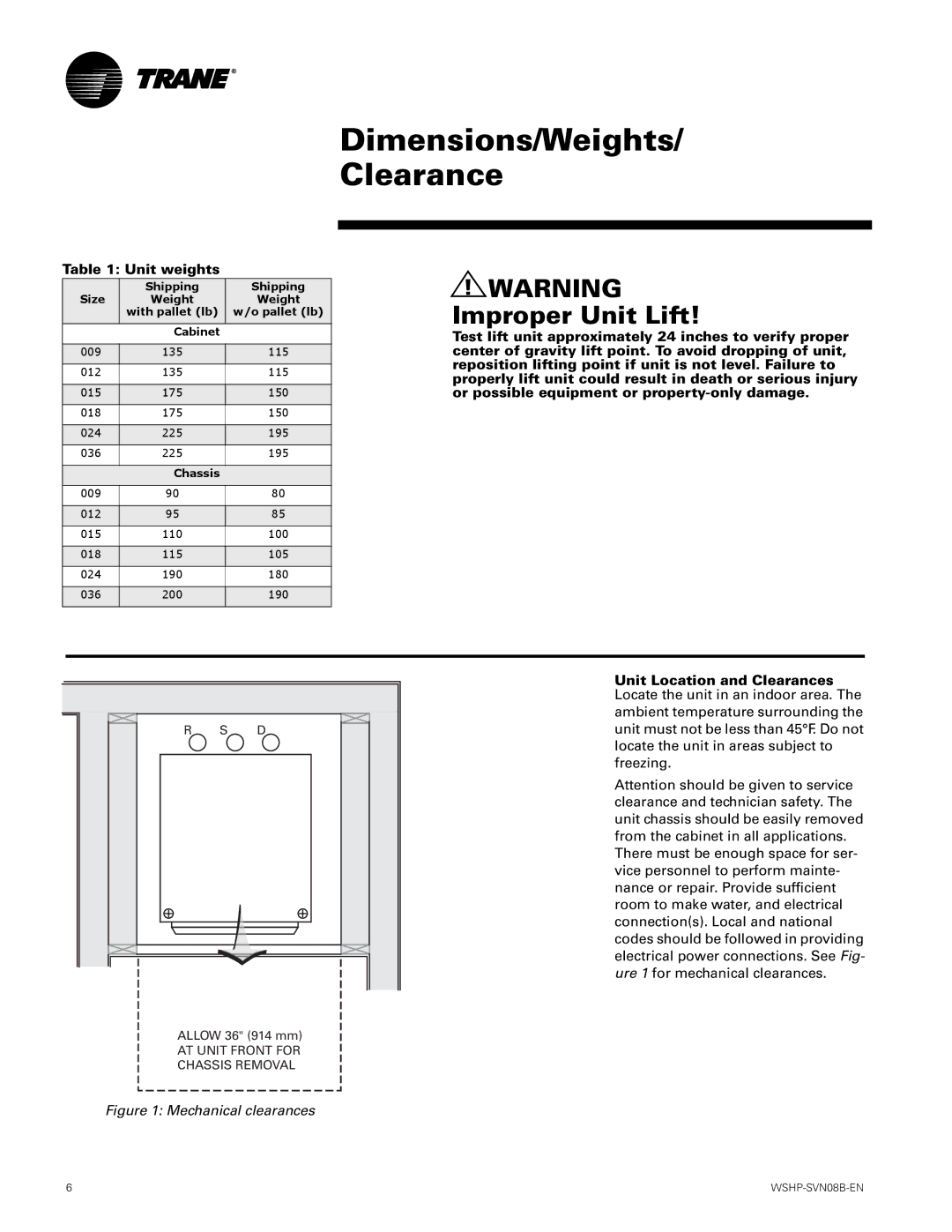 Trane GETB manual Dimensions/Weights/ Clearance, Unit weights 