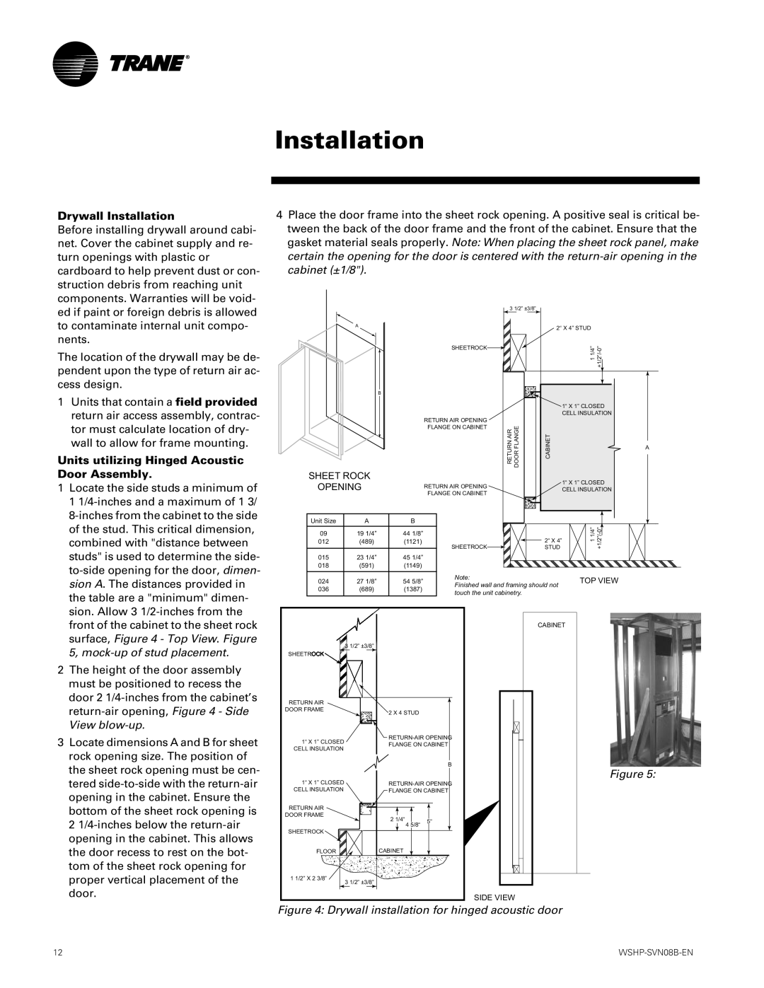 Trane GETB manual Drywall Installation, Units utilizing Hinged Acoustic Door Assembly, surface, - Top View. Figure 