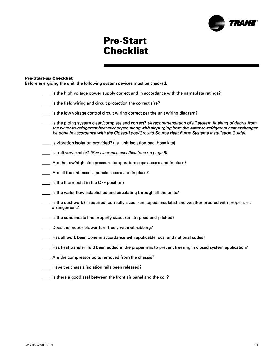Trane GETB manual Pre-Start Checklist, Pre-Start-upChecklist 
