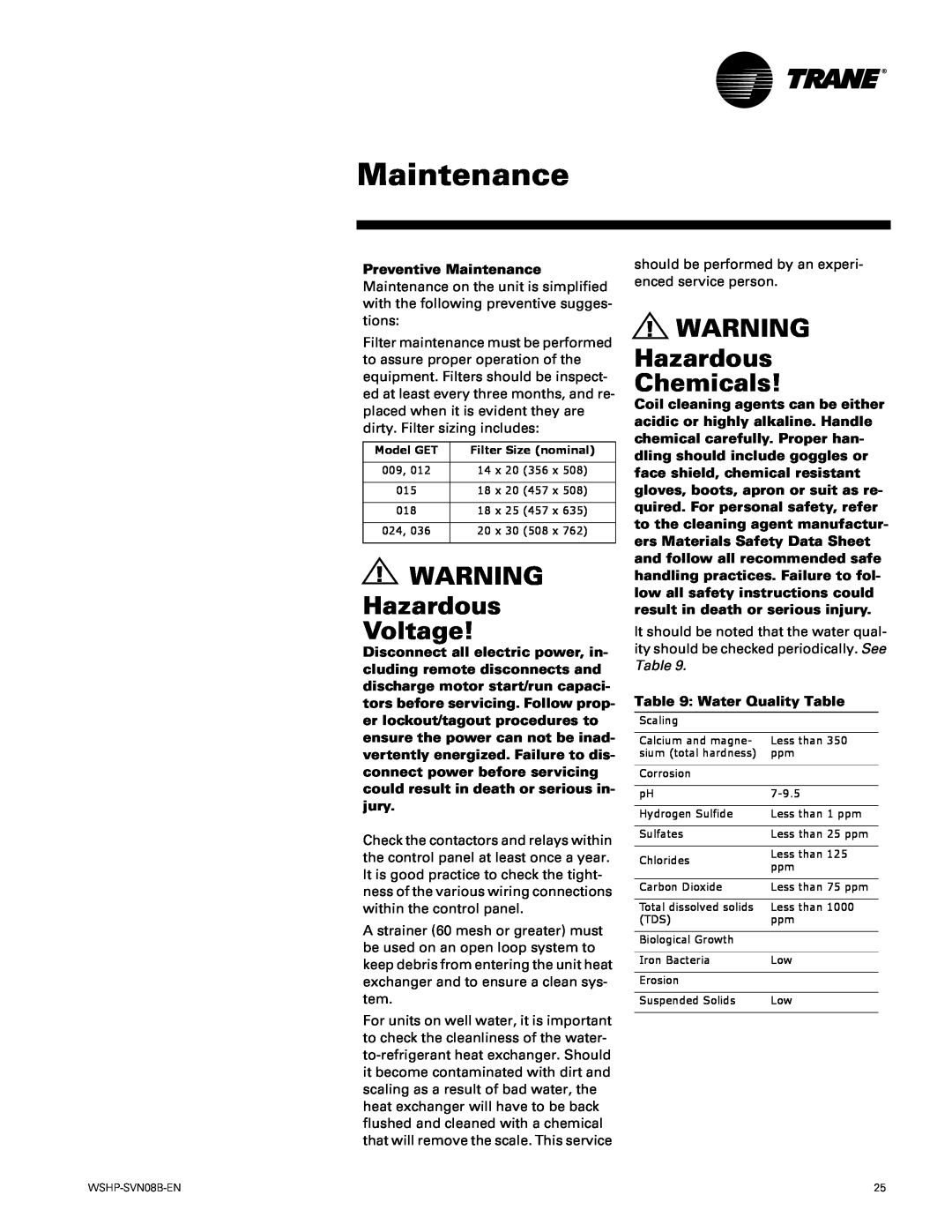 Trane GETB manual Hazardous Voltage, Hazardous Chemicals, Preventive Maintenance, Water Quality Table 