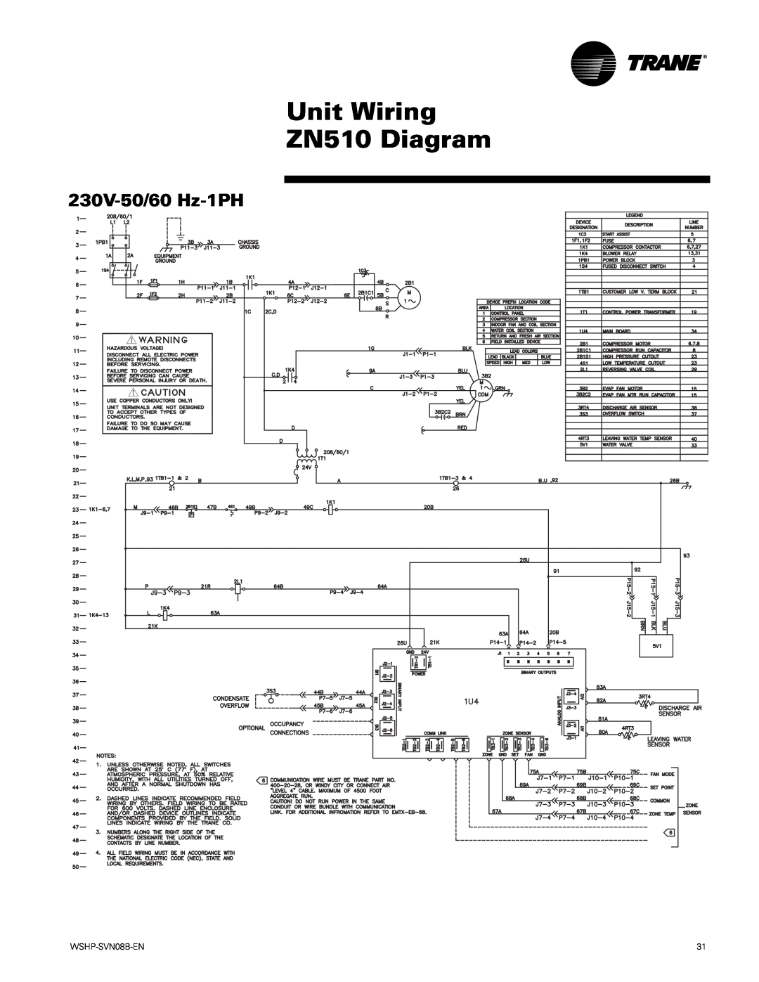 Trane GETB manual Unit Wiring ZN510 Diagram, 230V-50/60 Hz-1PH 