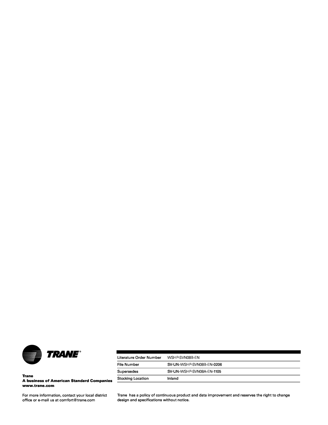 Trane GETB manual Trane, A business of American Standard Companies 