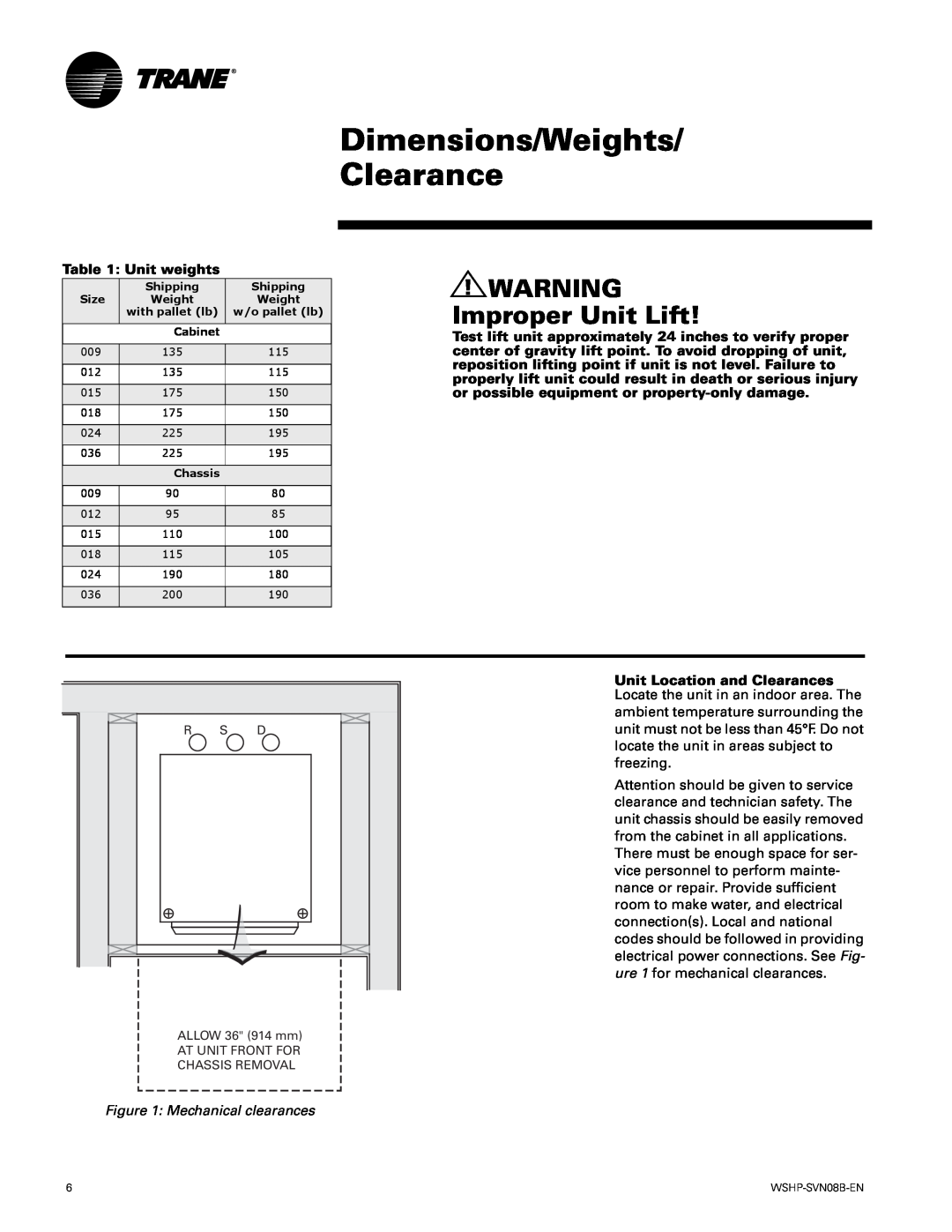Trane GETB manual Dimensions/Weights/ Clearance, WARNING Improper Unit Lift, Unit weights, Mechanical clearances 