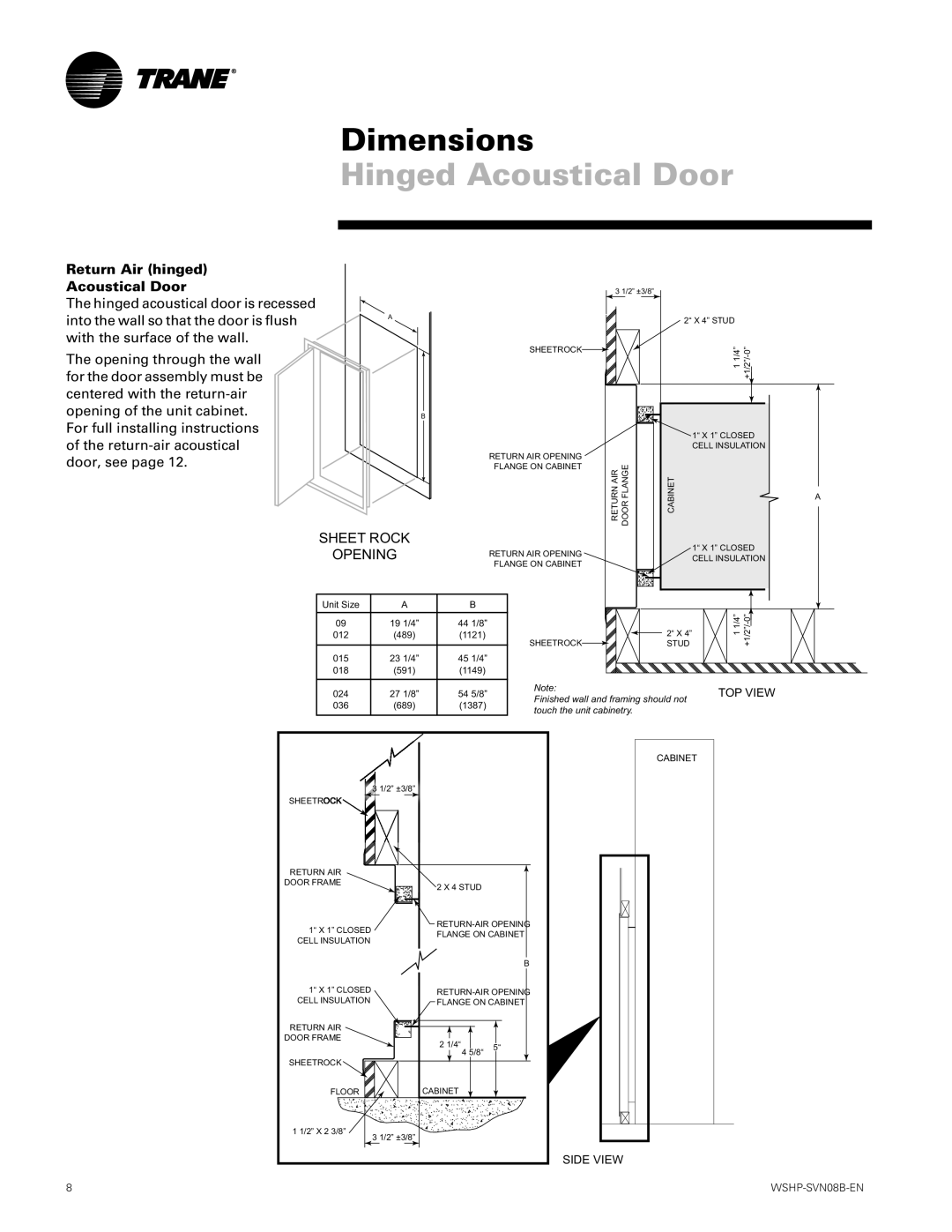Trane GETB manual Hinged Acoustical Door, Dimensions, Return Air hinged Acoustical Door 