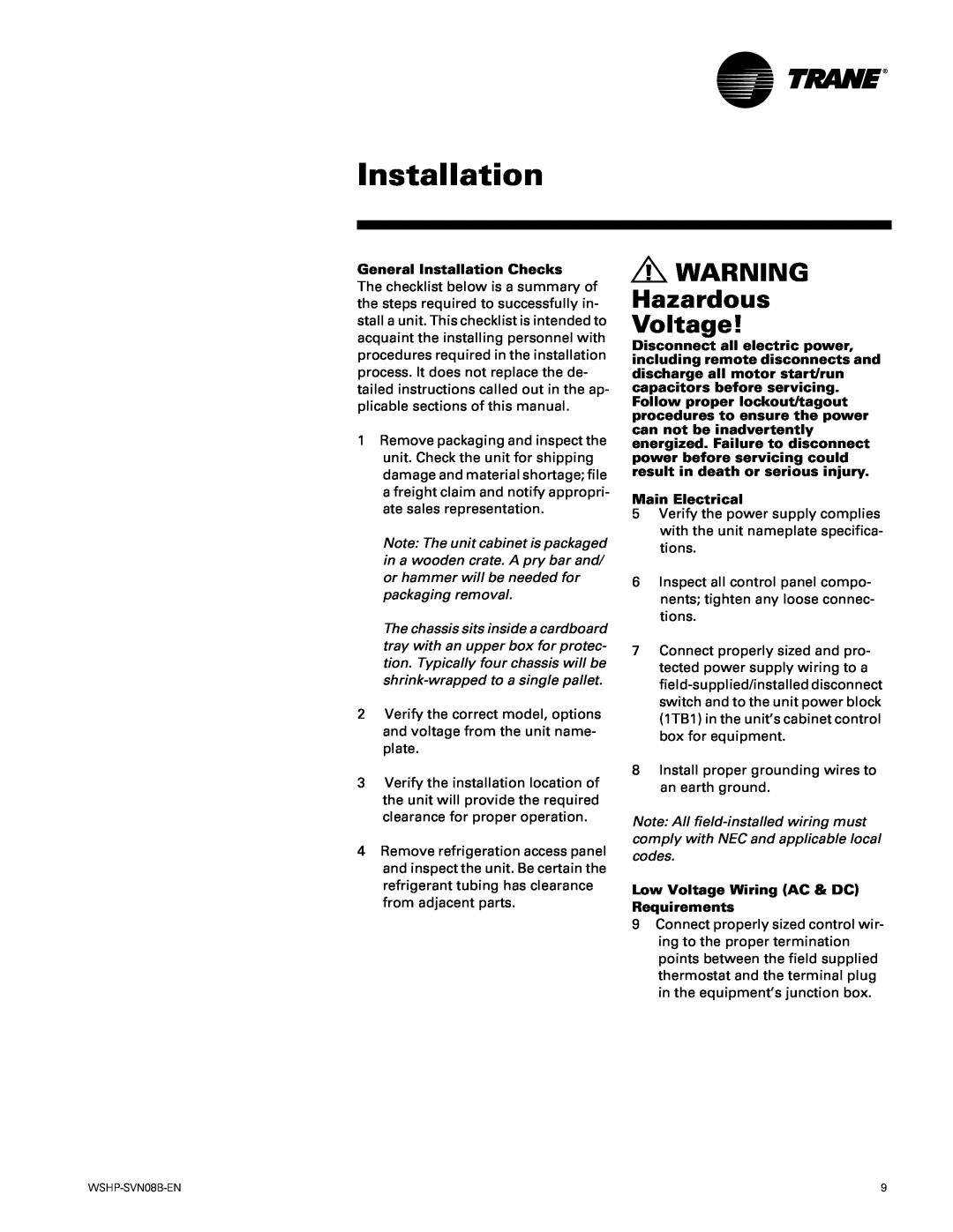 Trane GETB manual WARNING Hazardous Voltage, General Installation Checks, Main Electrical 