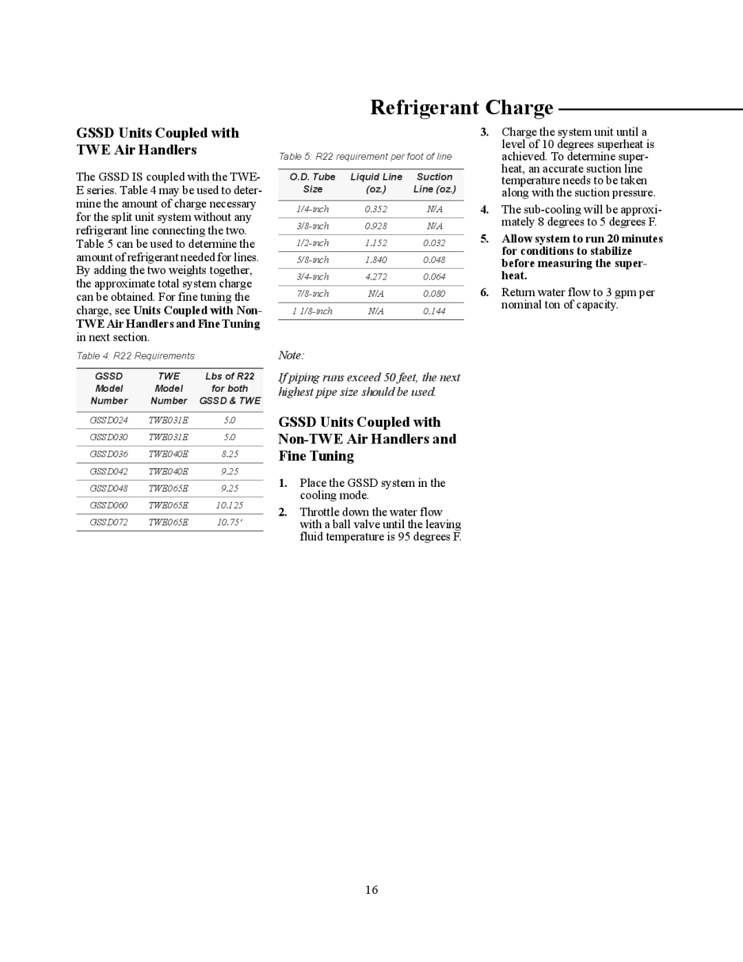 Trane GSSD specifications Refrigerant Charge, Gssd Units Coupled with TWE Air Handlers 