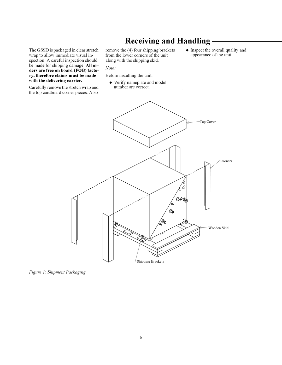 Trane GSSD specifications Receiving and Handling, Shipment Packaging 