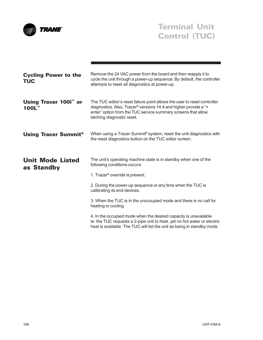 Trane LO manual Unit Mode Listed as Standby, Cycling Power to, Using Tracer 100i or 100L Using Tracer Summit 