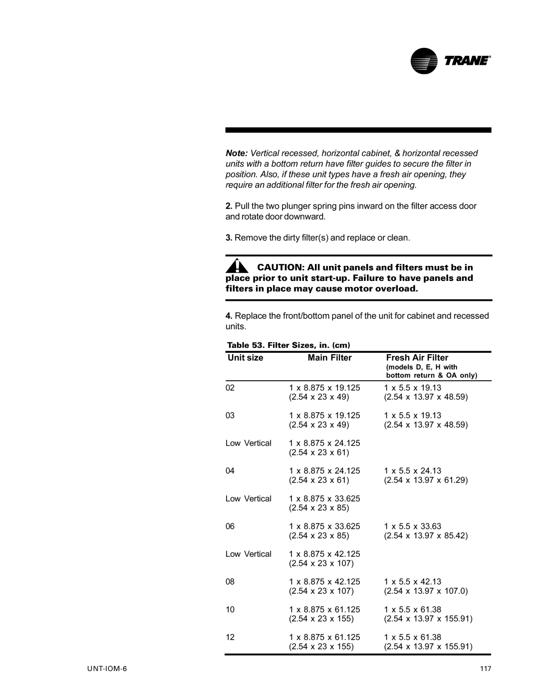 Trane LO manual Unit size Main Filter Fresh Air Filter 