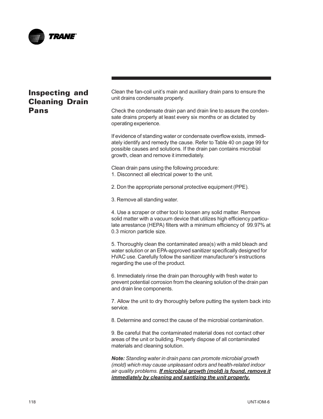 Trane LO manual Inspecting Cleaning Drain Pans 