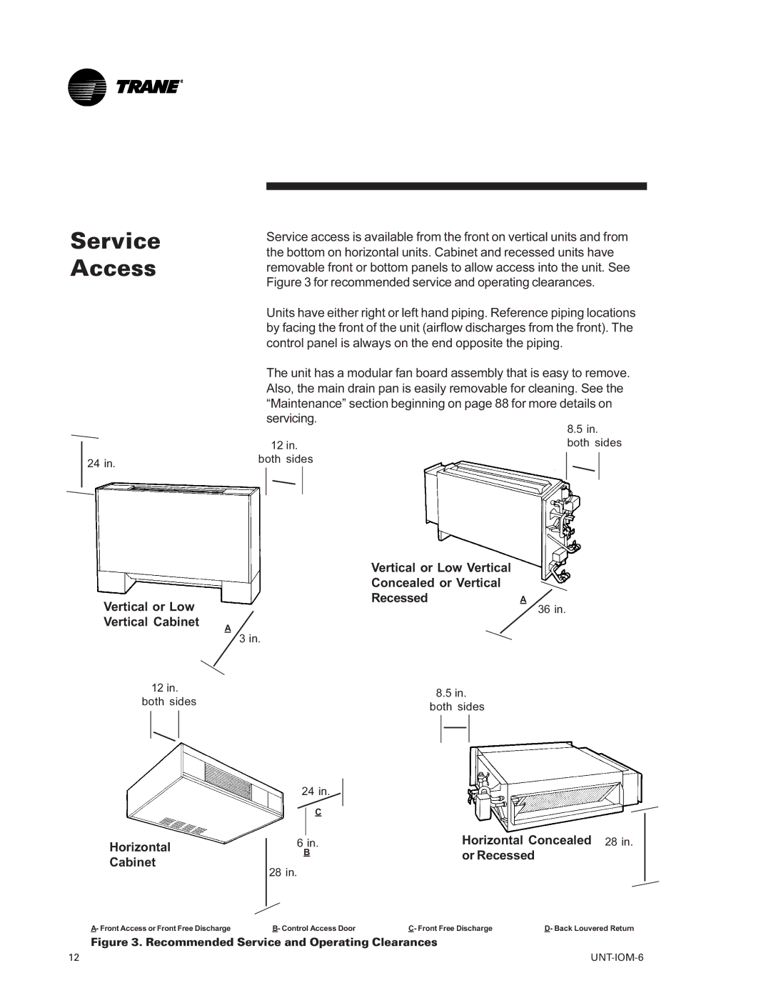 Trane LO manual Service Access, Horizontal Cabinet, Horizontal Concealed 28, Or Recessed 