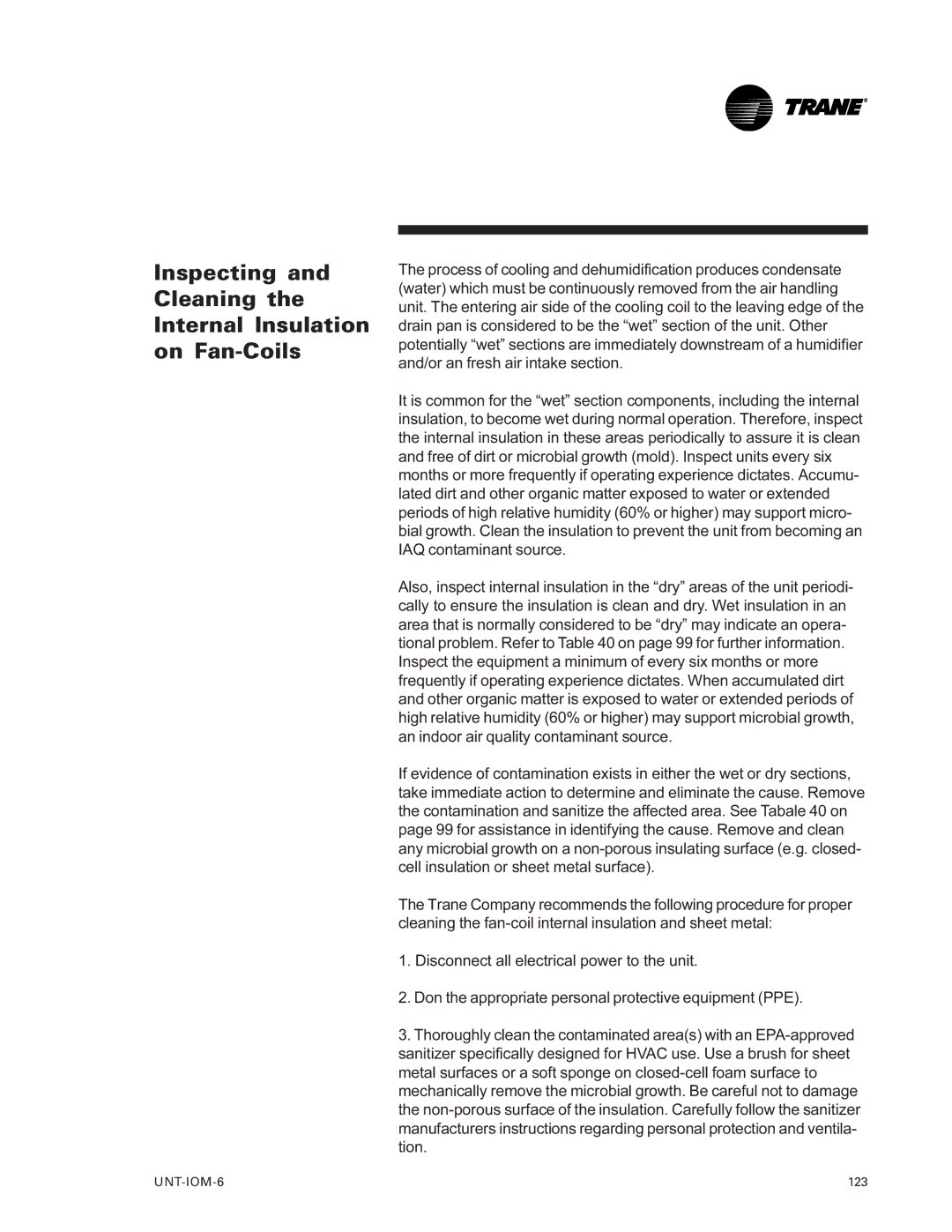 Trane LO manual Inspecting and Cleaning the Internal Insulation on Fan-Coils 