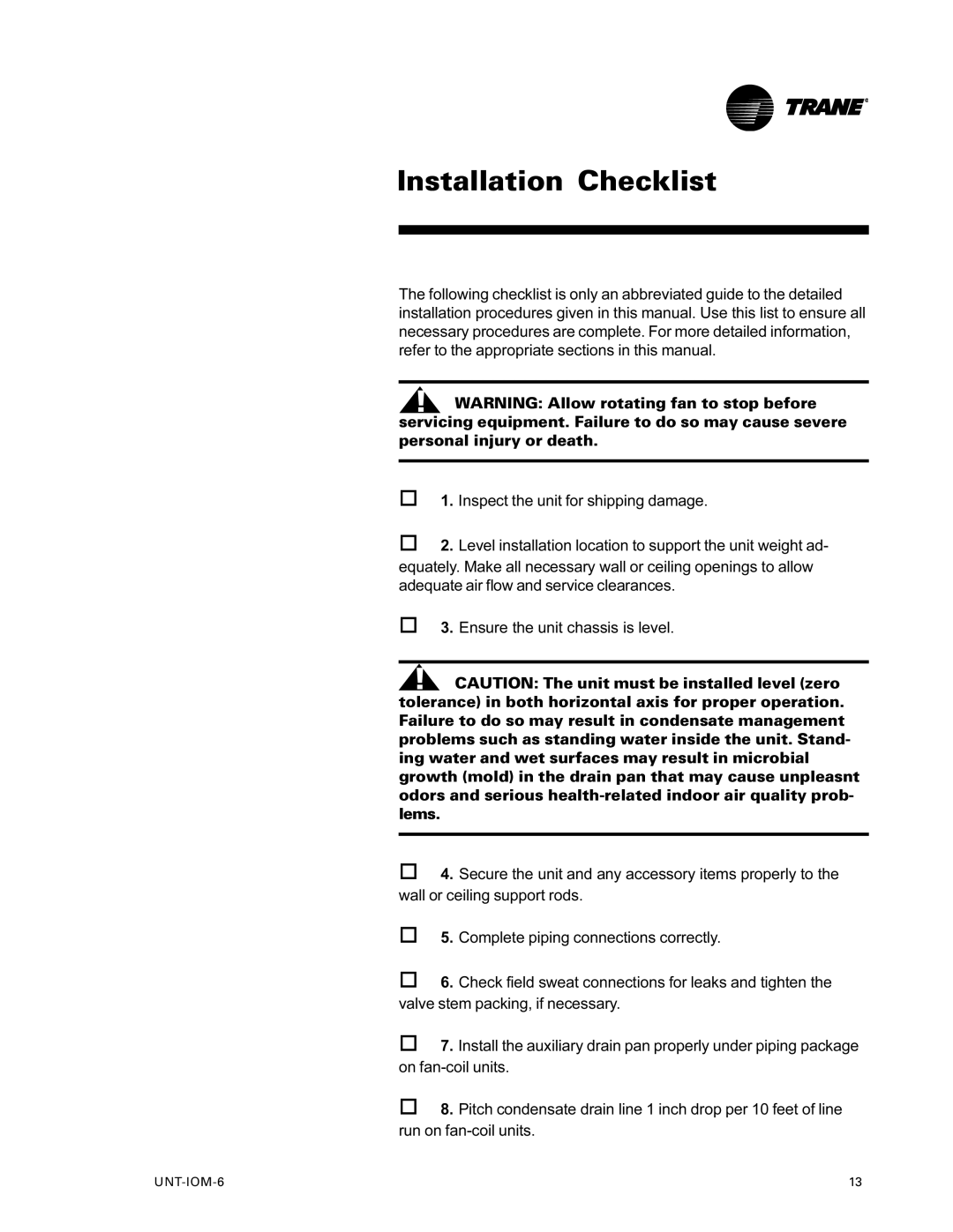 Trane LO manual Installation Checklist 