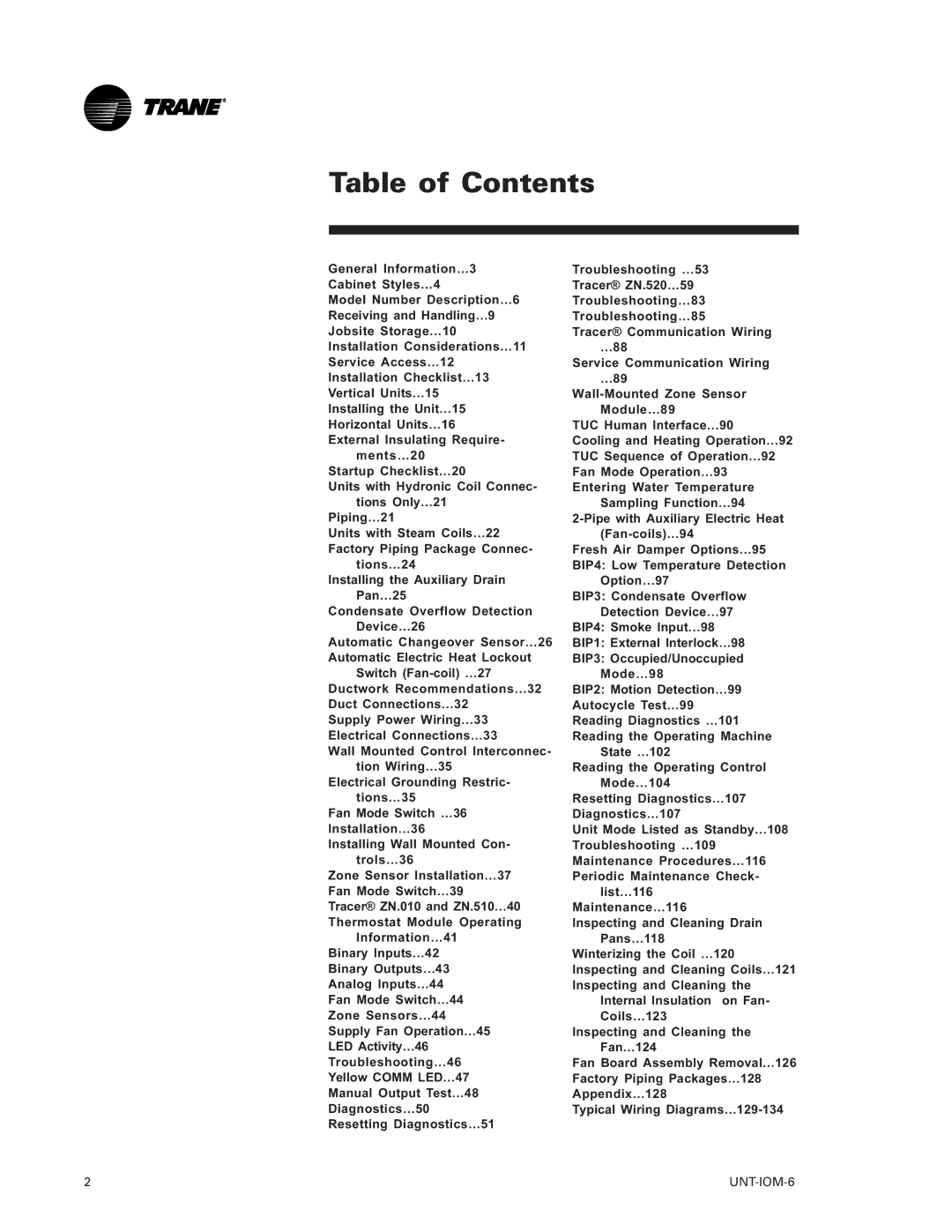 Trane LO manual Table of Contents 