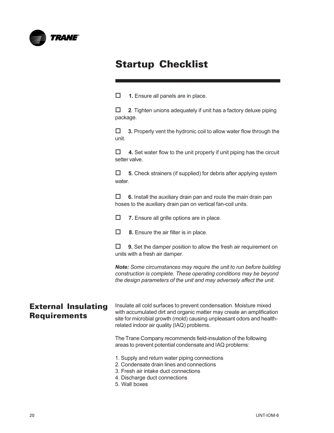 Trane LO manual Startup Checklist, External Insulating Requirements 