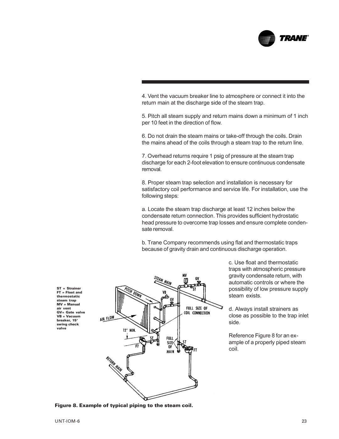 Trane LO manual Example of typical piping to the steam coil 