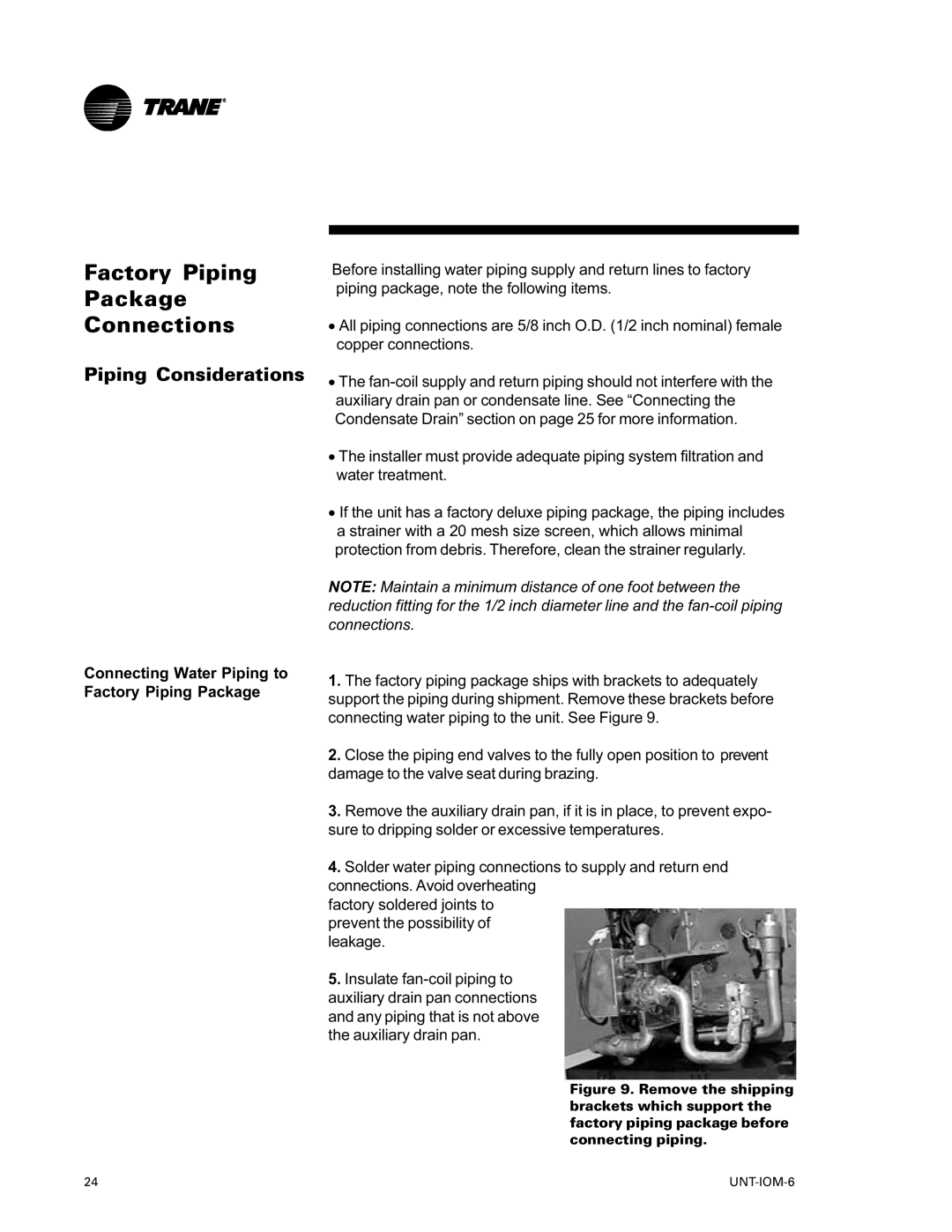 Trane LO manual Factory Piping Package Connections, Connecting Water Piping to Factory Piping Package 