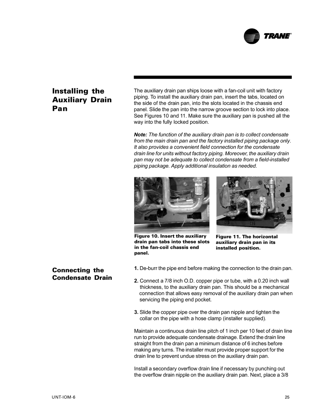 Trane LO manual Installing Auxiliary Drain Pan, Connecting the Condensate Drain 