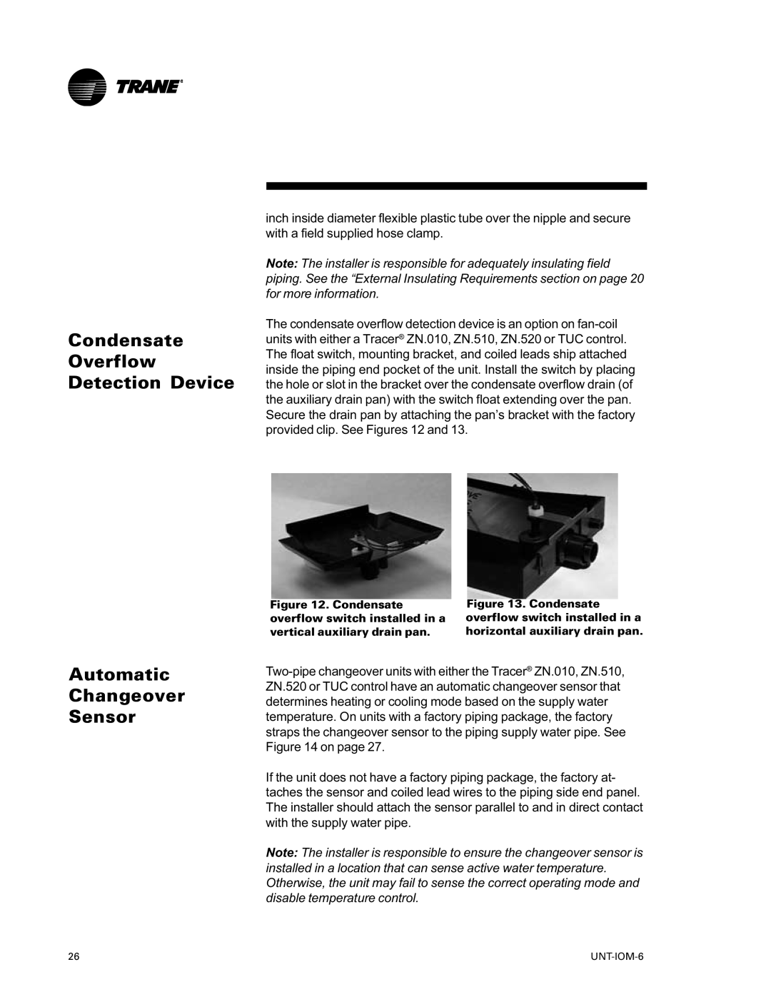 Trane LO manual Condensate Overflow Detection Device, Automatic Changeover Sensor 