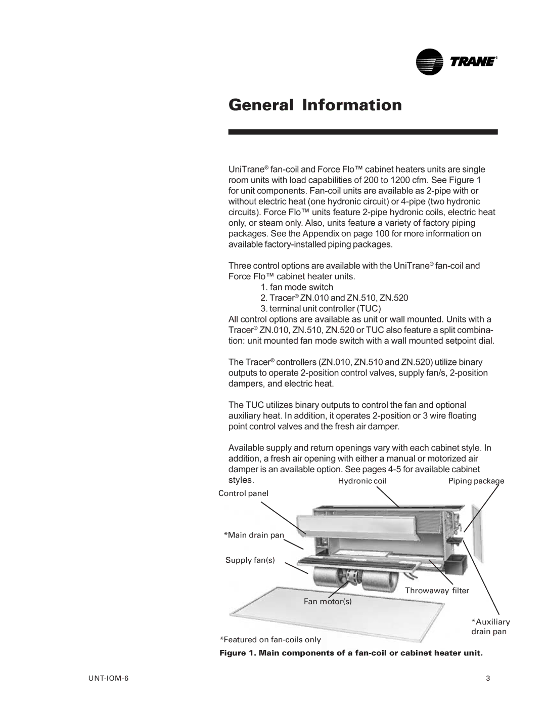 Trane LO manual General Information, Main components of a fan-coil or cabinet heater unit 