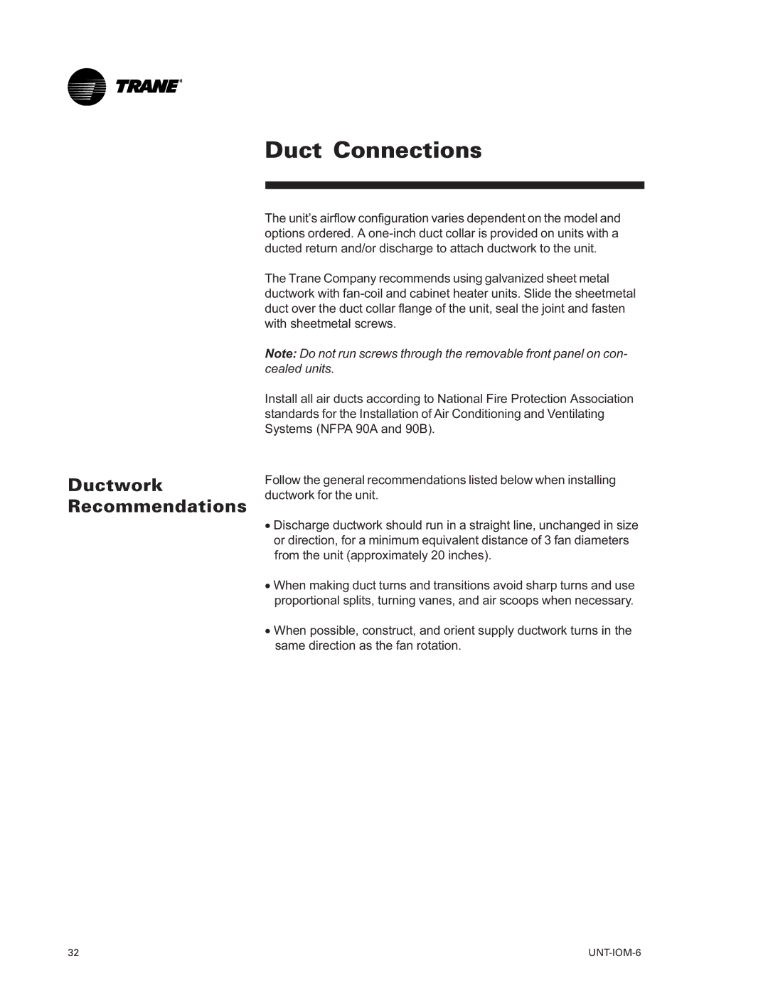 Trane LO manual Duct Connections, Ductwork Recommendations 