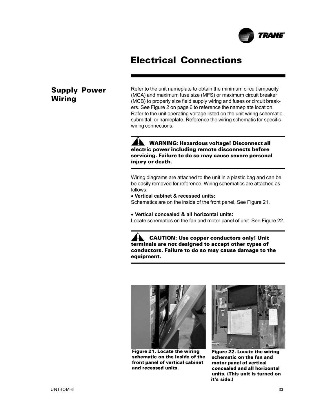 Trane LO manual Electrical Connections, Supply Power Wiring, · Vertical cabinet & recessed units 