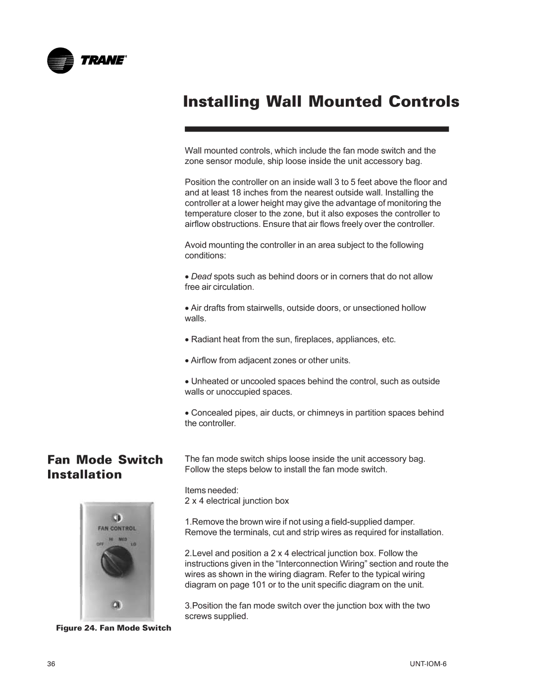 Trane LO manual Installing Wall Mounted Controls, Fan Mode Switch Installation 