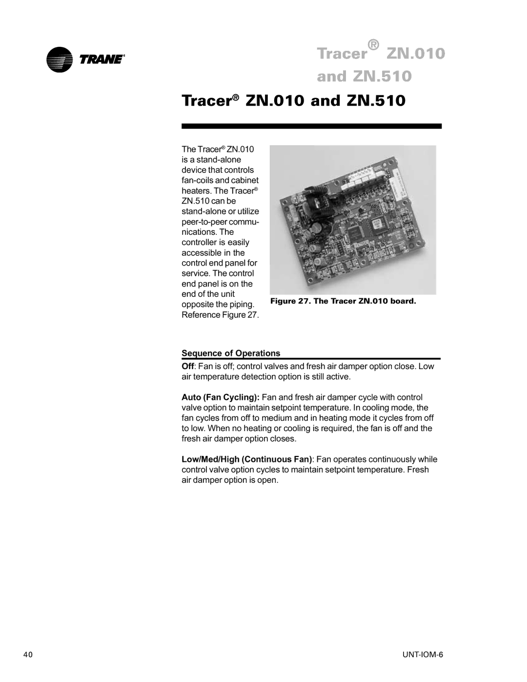 Trane LO manual Tracer ZN.010 ZN.510, Tracer ZN.010 and ZN.510 