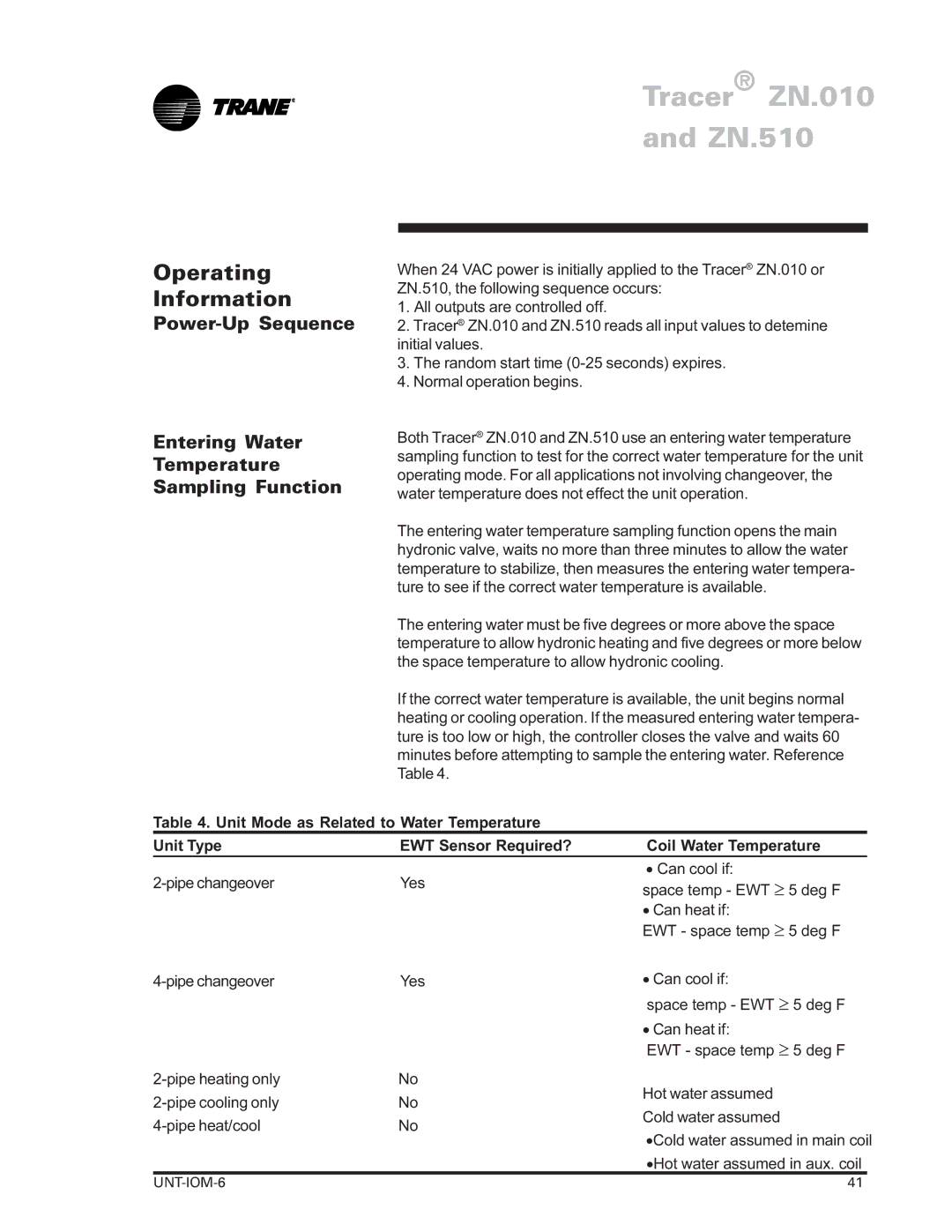 Trane LO manual Operating Information, Power-Up Sequence, Entering Water Temperature Sampling Function 