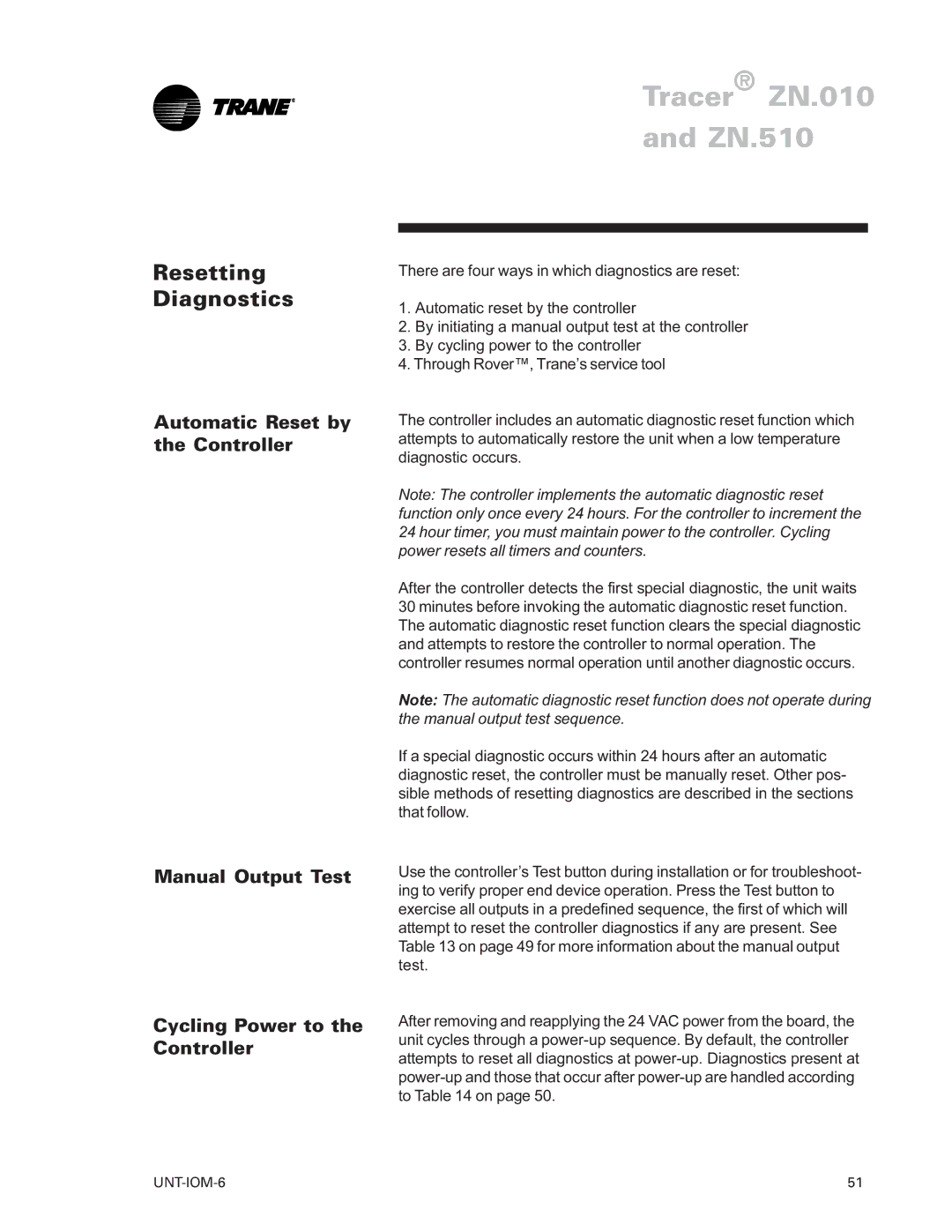 Trane LO Resetting Diagnostics, Automatic Reset by the Controller Manual Output Test, Cycling Power to the Controller 