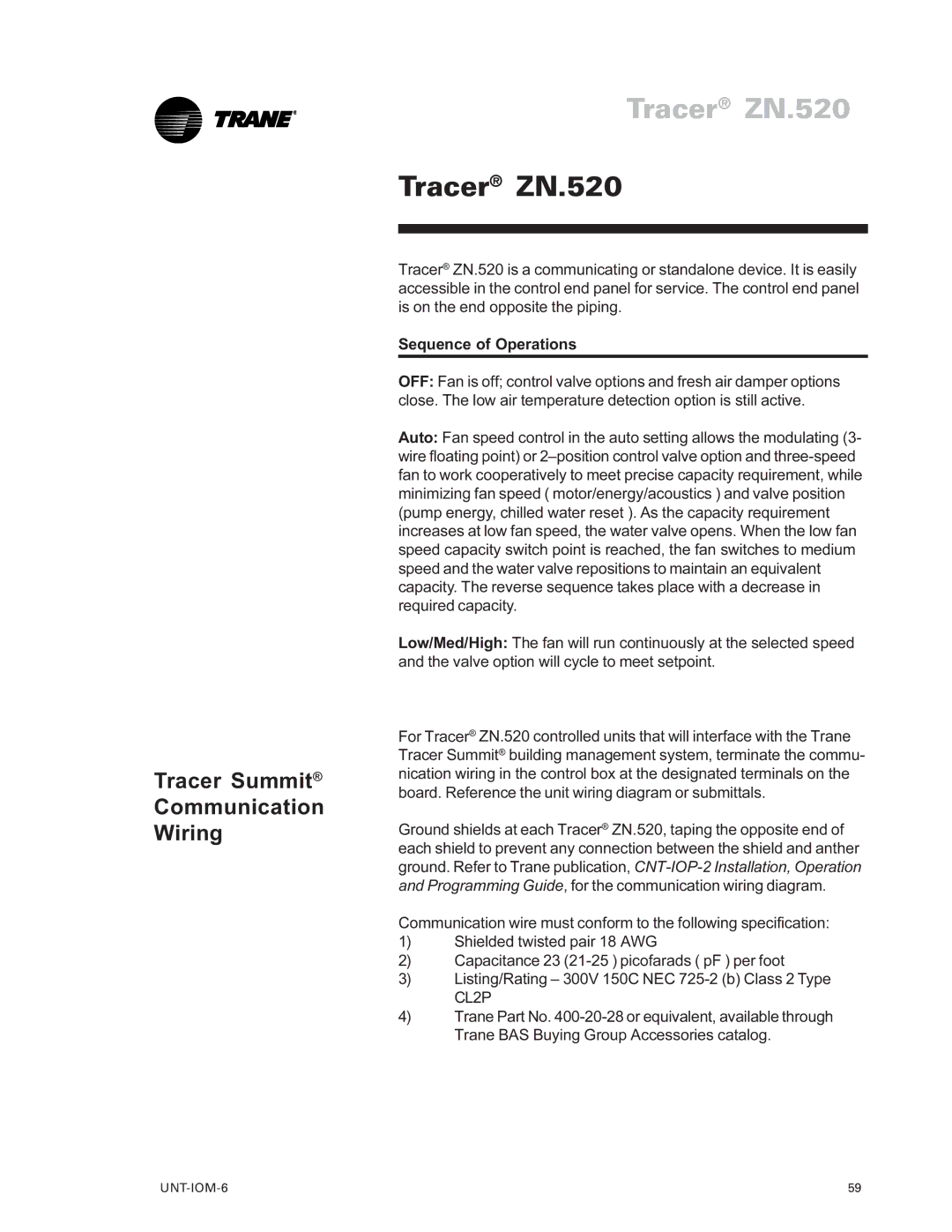 Trane LO manual Tracer ZN.520, Tracer Summit Communication Wiring 